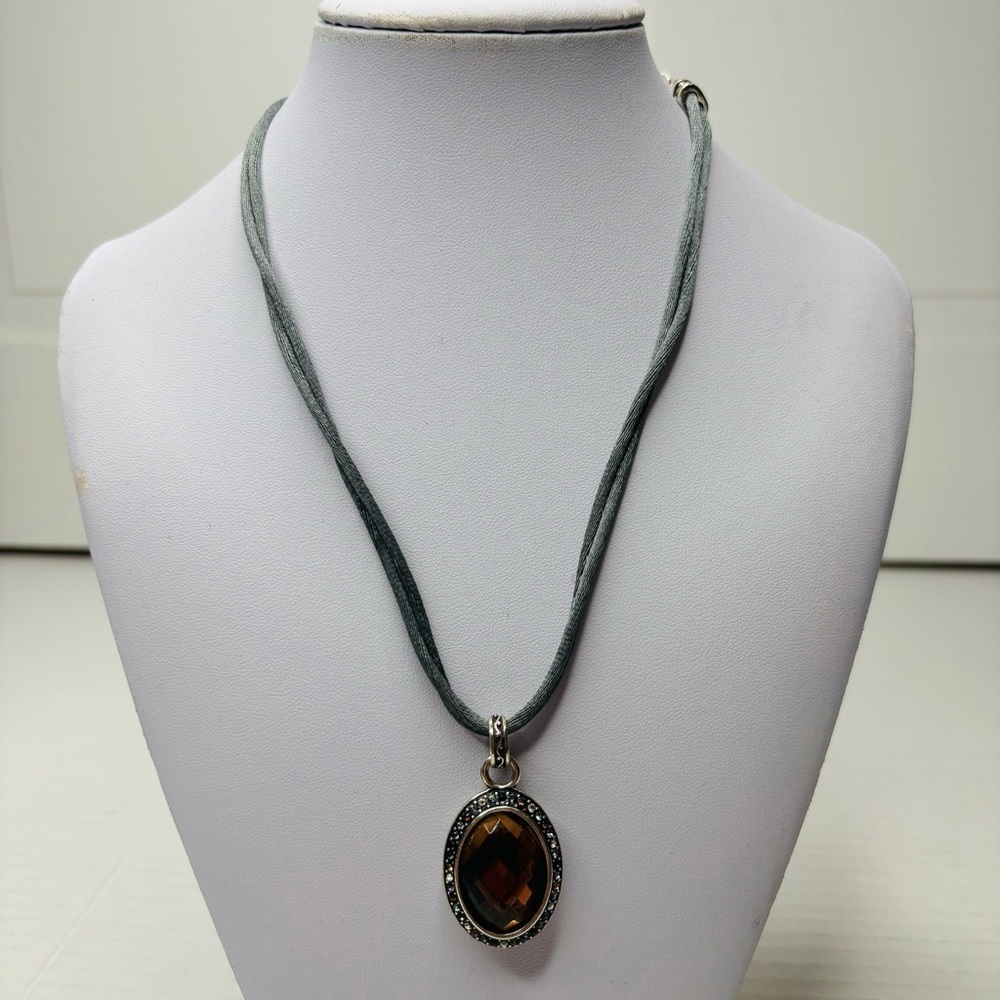 2/$50 BRIGHTON Luminesce Gray Silk Cord Oval Amber Crystal Pendant Necklace